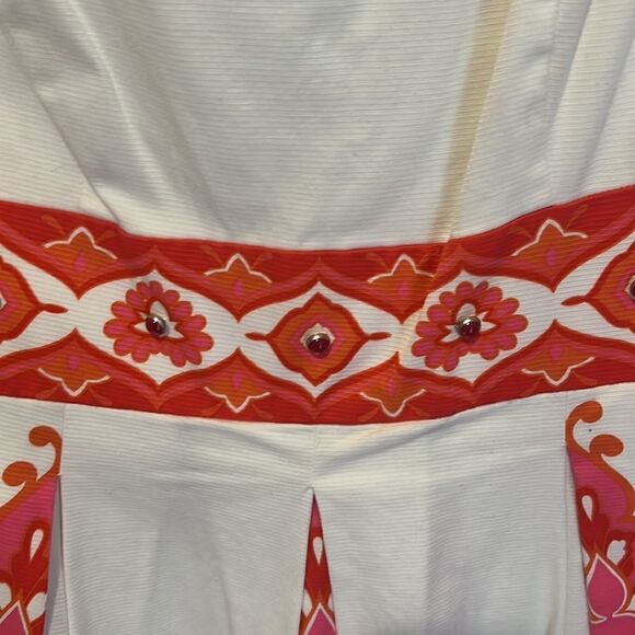 Maggy London Fit and Flare Cream Dress with Pink and Orange embellishments - Picture 3 of 8